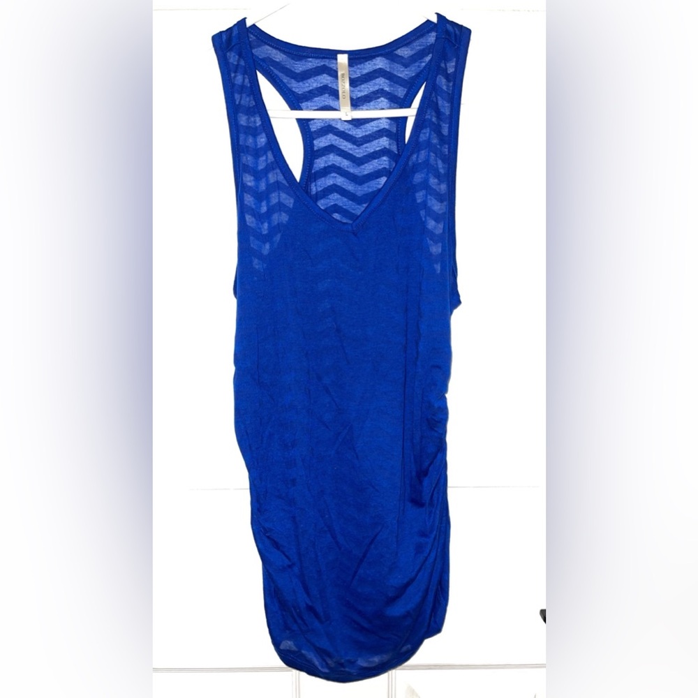 Blue tank top, ruched sides